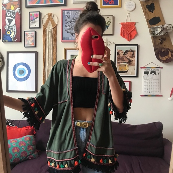 cherry paris | olive suedette fringe kimono - Picture 3 of 5